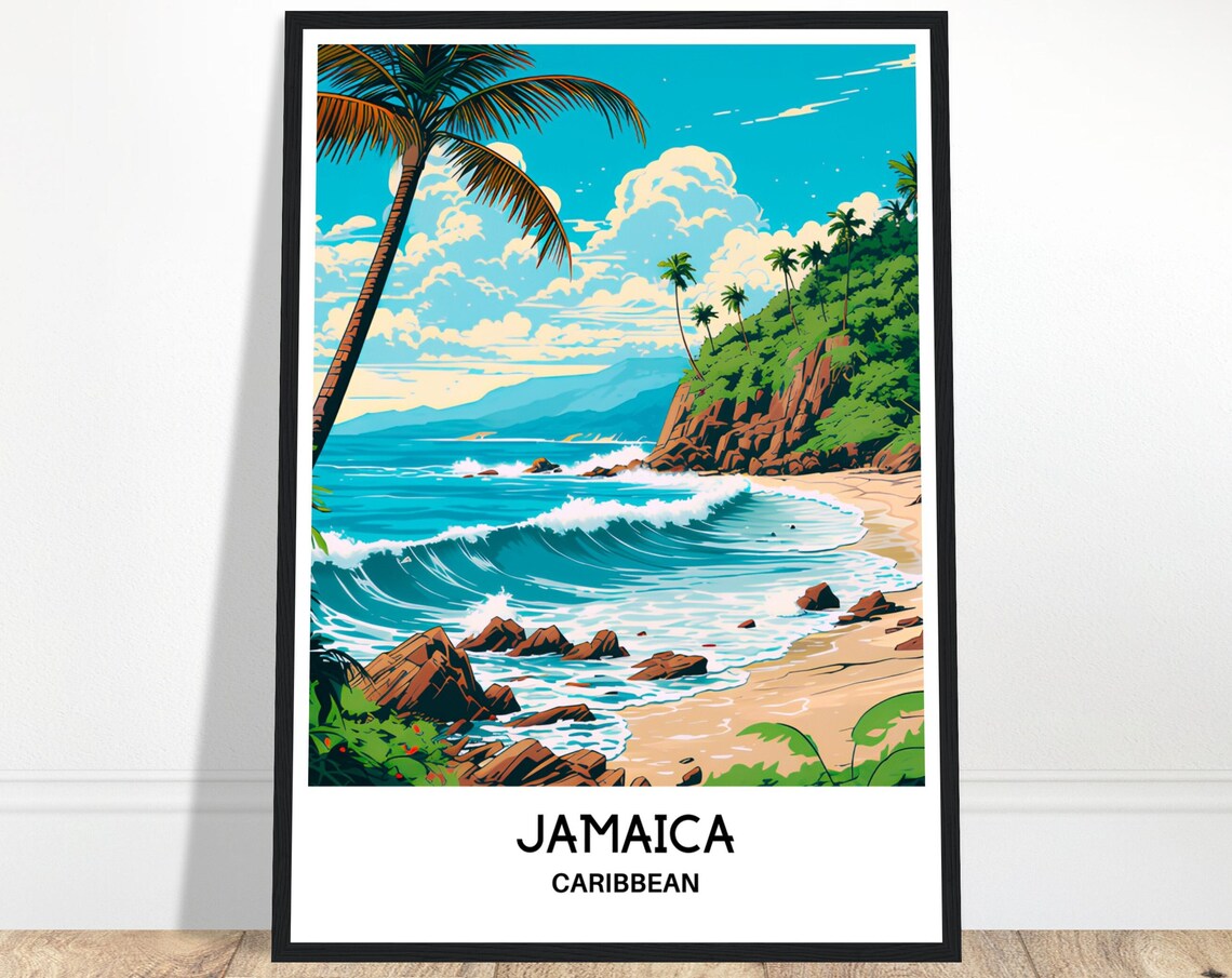 Jamaica Palm Beach Surf Waves Caribbean Island Travel Poster