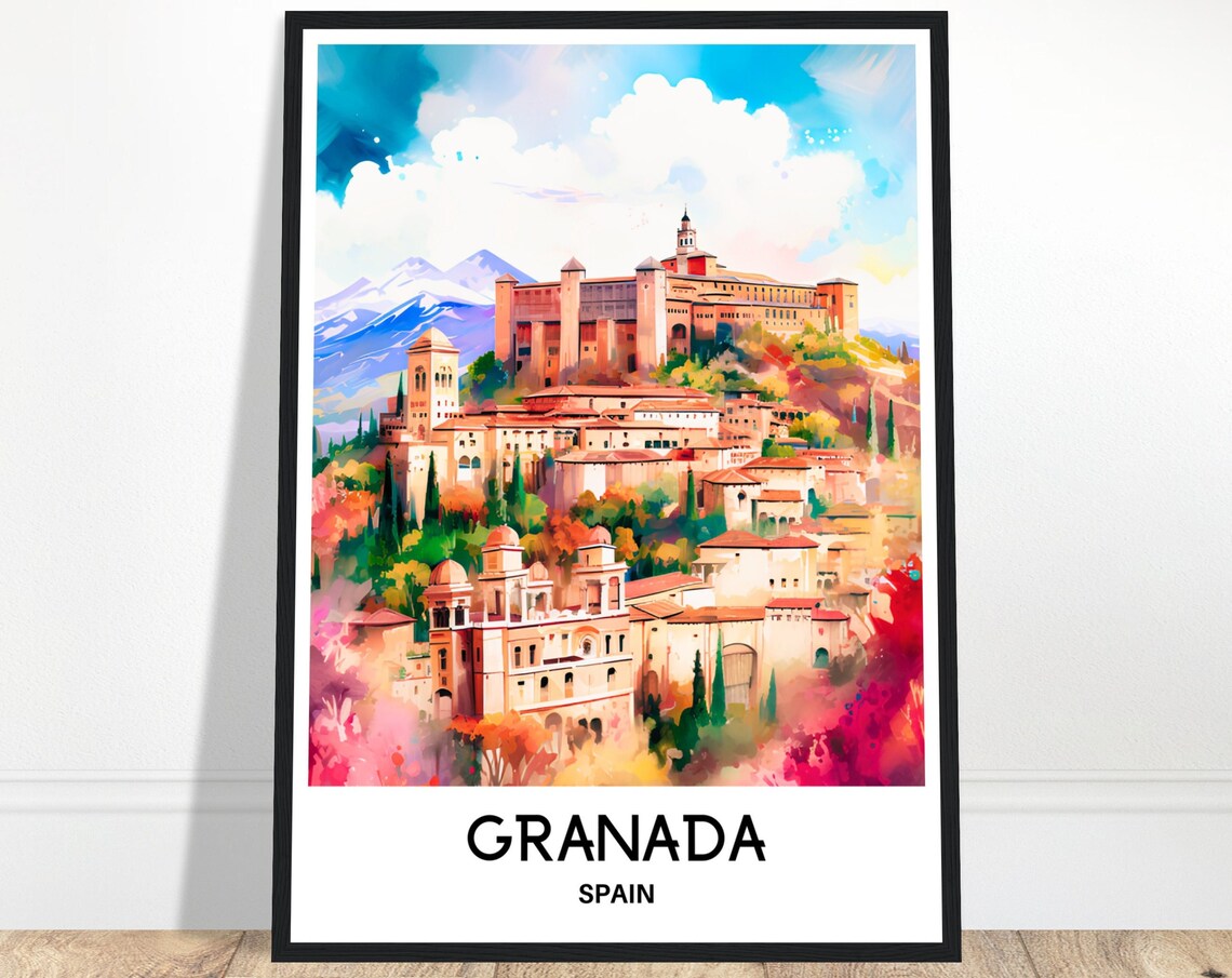 Granada Spain Alhambra Palace Hill Watercolor Cityscape Travel Poster