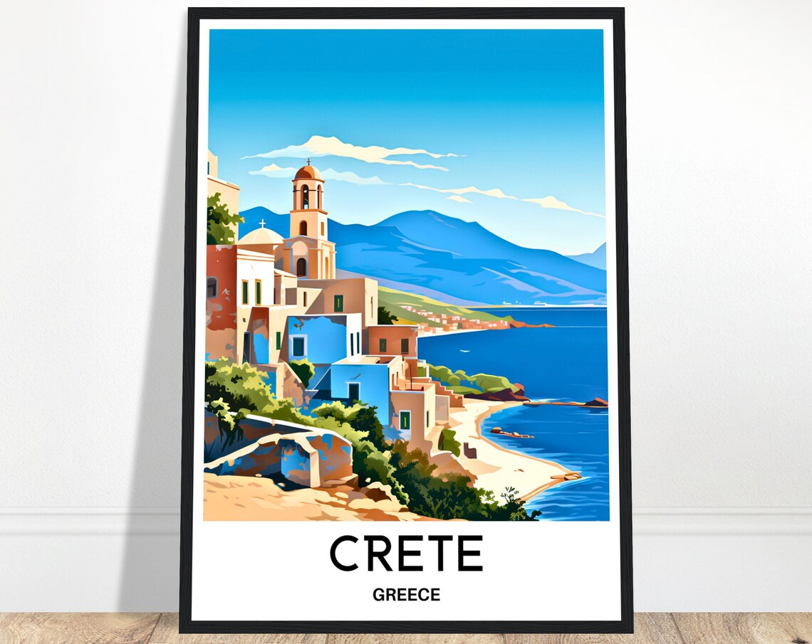 Crete Greece Seaside Village Church Blue Coast Travel Poster