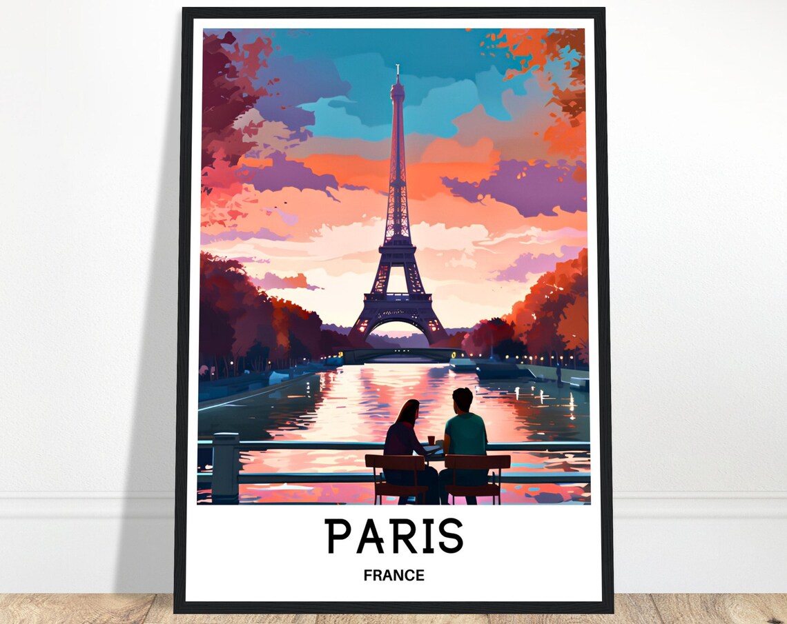 Paris France Eiffel Tower Sunset Couple by the Seine River Poster