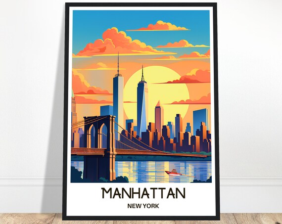 Manhattan Travel Print Poster Art New York Lover Gift Wall Hanging Home Office Decor Illustration
