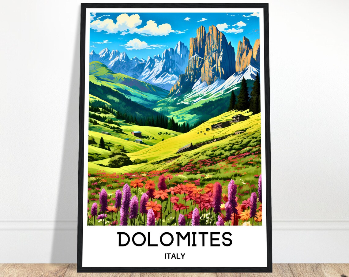 Dolomites Italy Alpine Wildflower Meadow Peaks Travel Poster