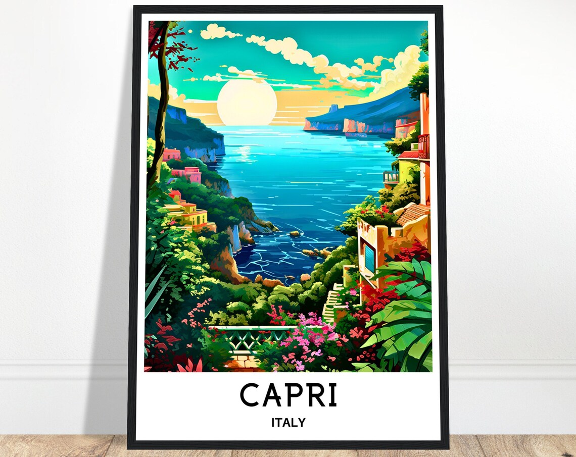 Capri Italy Sunset Coast Vintage Travel Destination Scene Poster