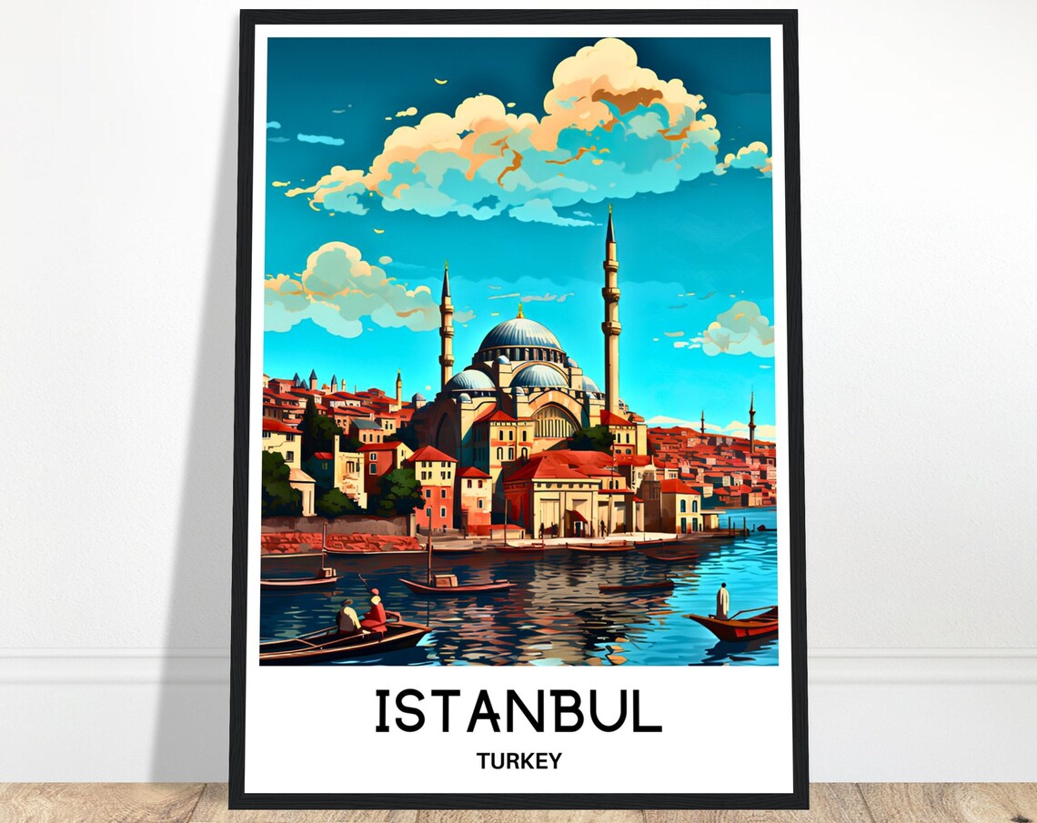 Istanbul Turkey Mosque Minarets Waterfront Boats City Poster
