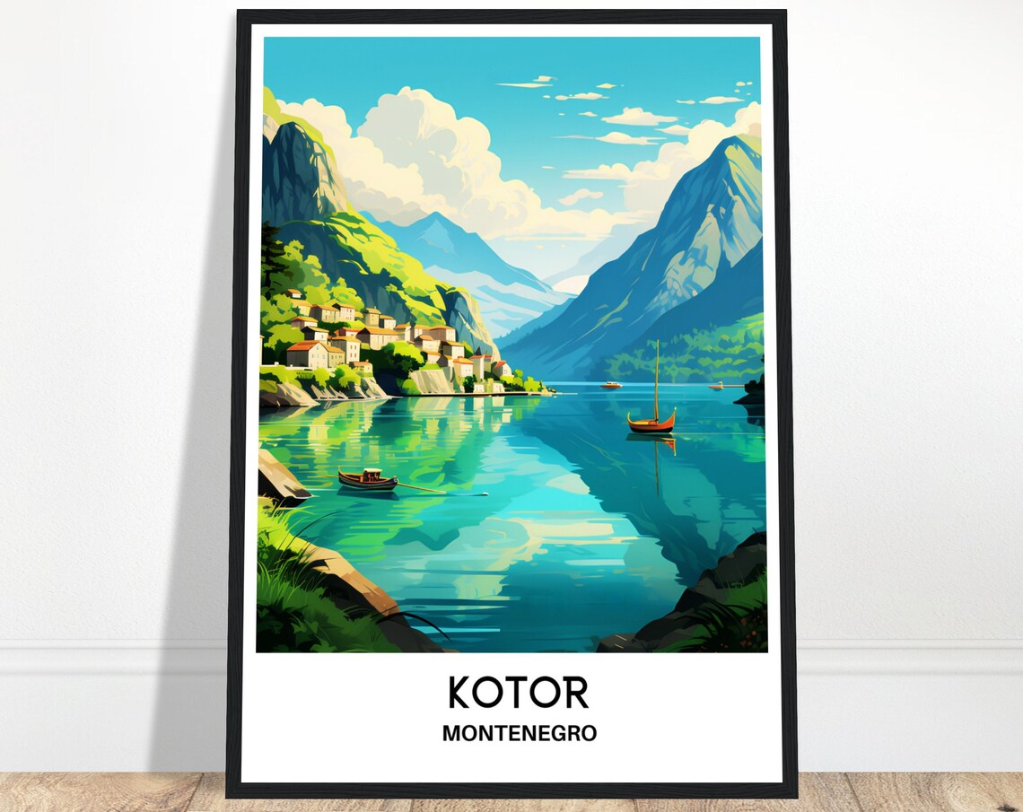 Kotor Montenegro Bay Fjord Mountains Fishing Boats Travel Poster