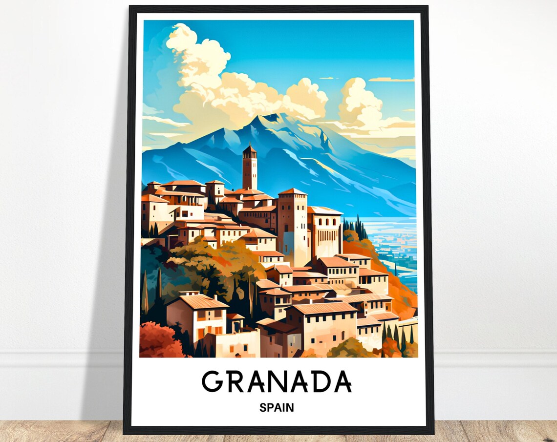 Granada Spain Hilltop Old Town Snowy Mountains View Travel Poster