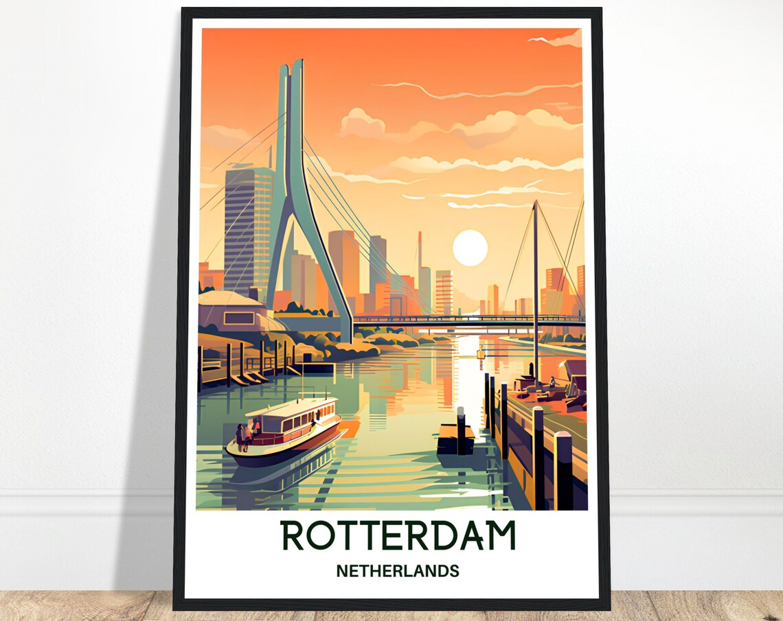 Rotterdam Netherlands Travel Poster of the Erasmus Bridge at Sunset