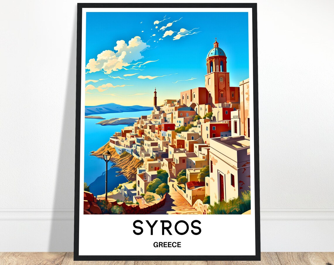 Syros Greece Sunlit Old Town with Domed Church Travel Poster