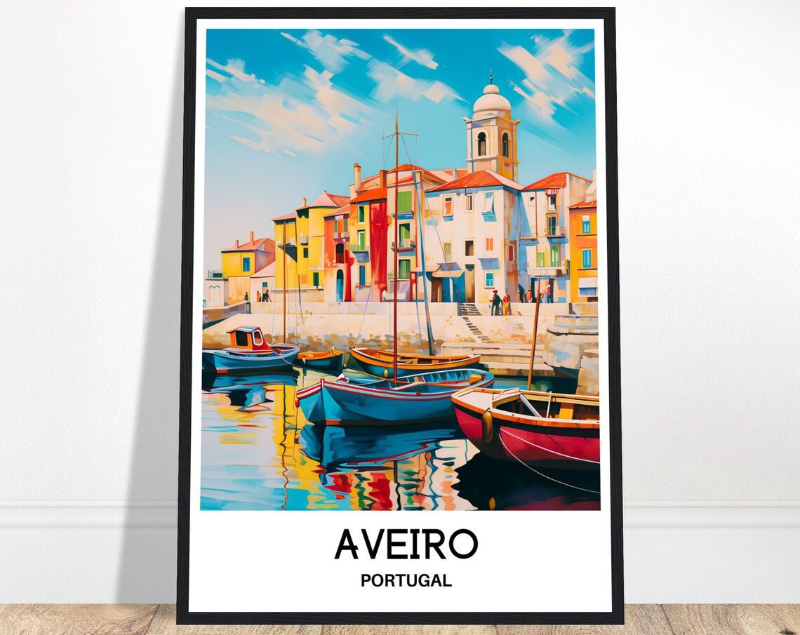 Aveiro Portugal Travel Poster of the Colorful Harbor and Boats