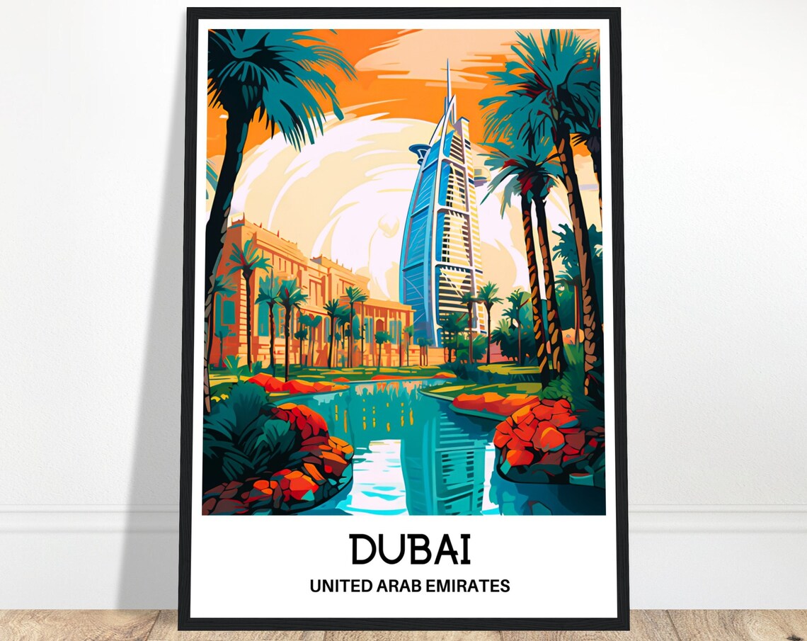 Dubai Burj Al Arab With Palm Trees Sunset Illustration Travel Poster