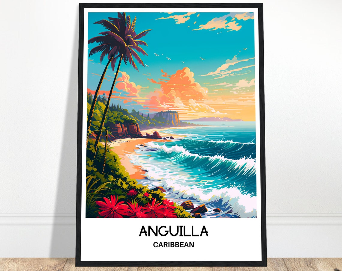 Anguilla Caribbean Beach Palm Trees Ocean Waves Travel Poster