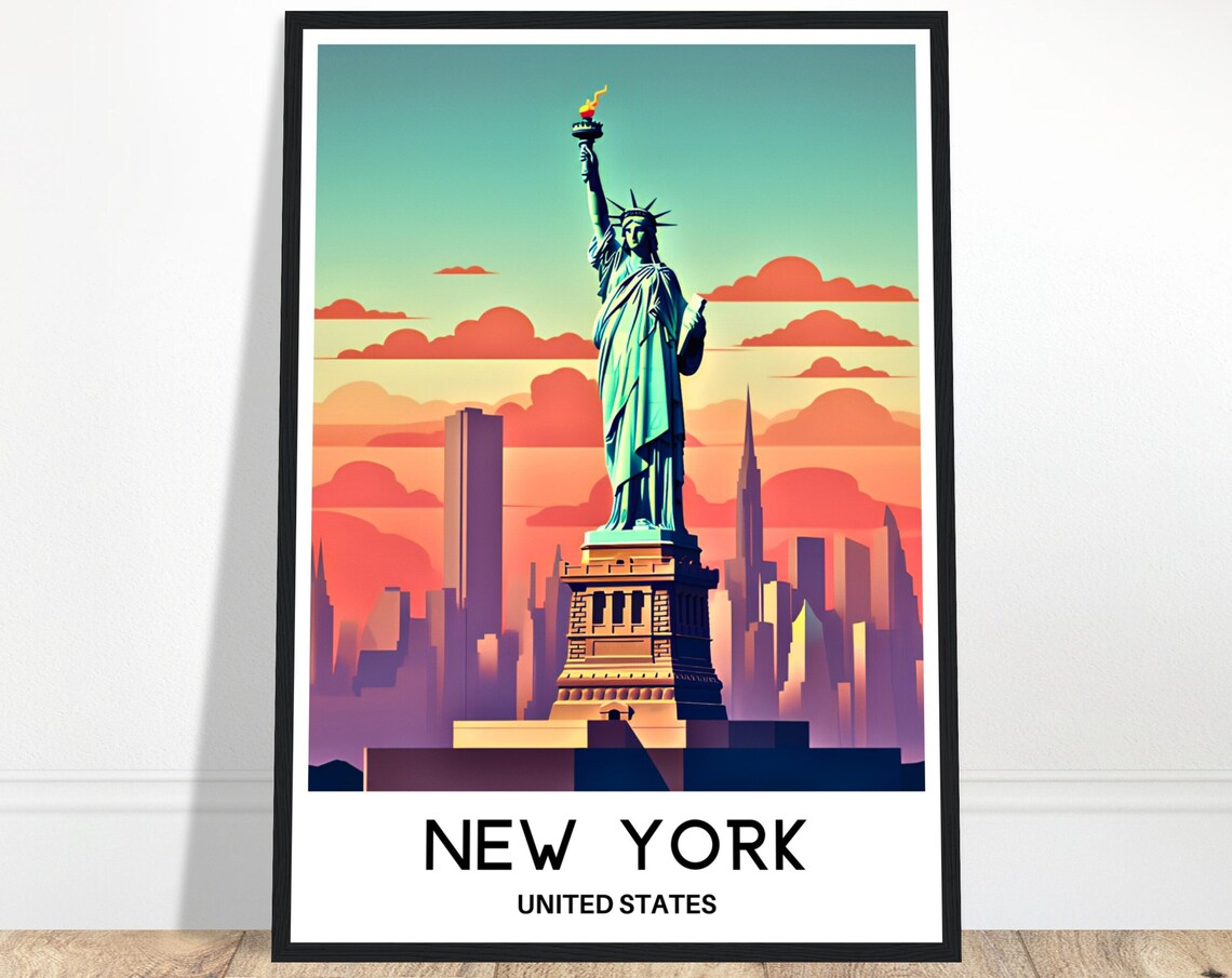 Statue of Liberty Sunset New York City Vintage Travel Poster Skyline