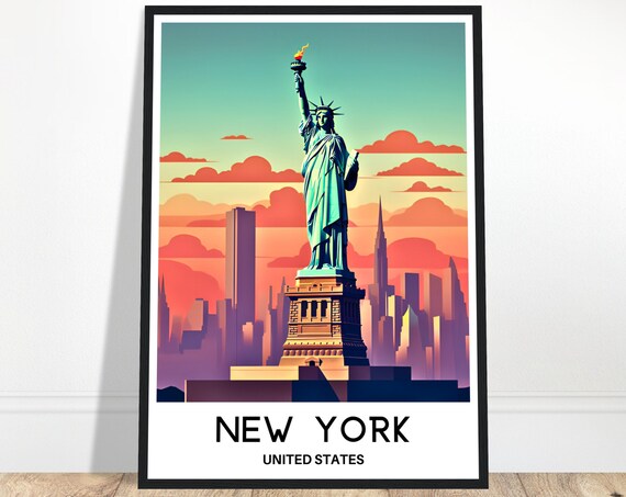 Statue of Liberty Sunset New York City Vintage Travel Poster Skyline