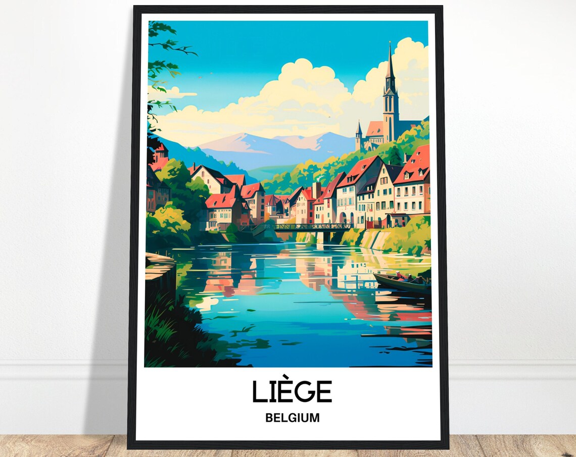 Liege Riverside Old Town Watercolor Belgian City Travel Poster