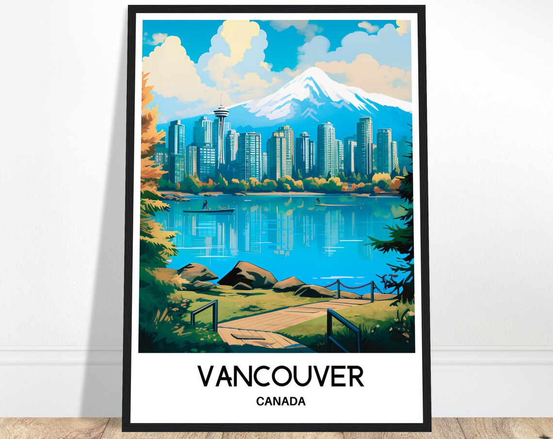 Vancouver Canada Skyline Snowy Mountain Lake View Travel Poster