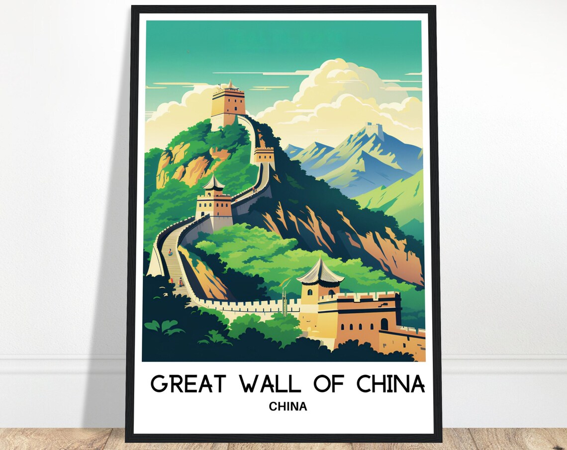 Great Wall of China Green Mountains Travel Illustration Poster