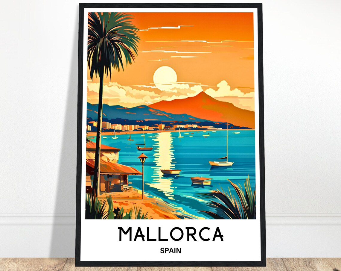 Mallorca Spain Sunset Beach Palm Boats Vintage Travel Poster