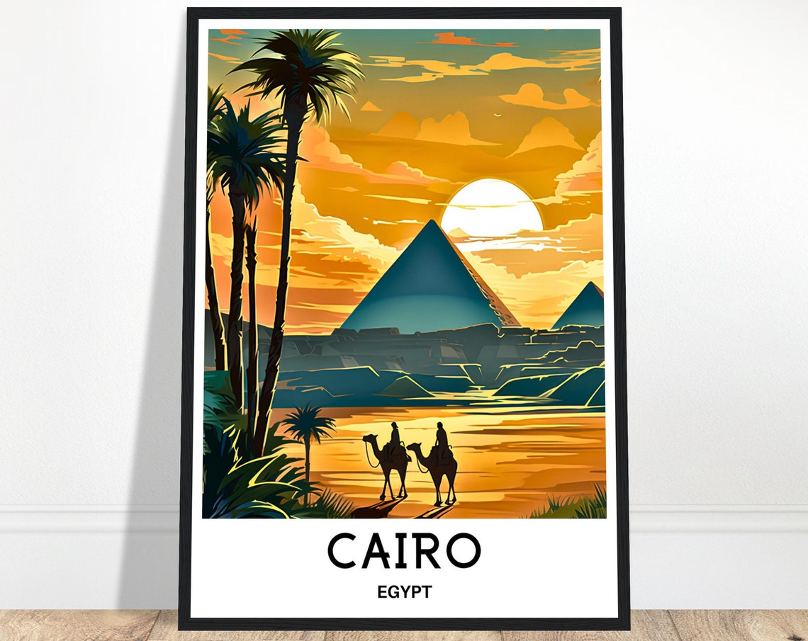Cairo Egypt Pyramids and Camels Golden Sunset Desert Travel Poster
