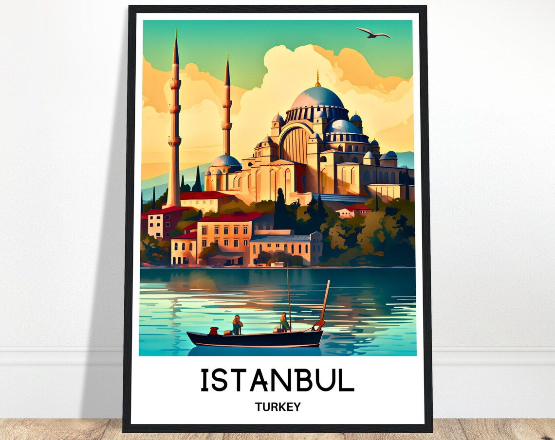 Istanbul Turkey Mosque Waterfront Fishing Boat Golden Travel Poster