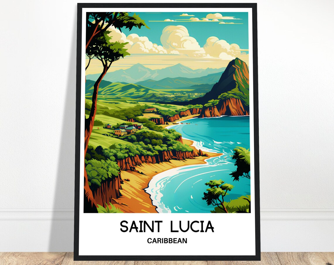 Saint Lucia Caribbean Green Hills Beach Cove Island Travel Poster