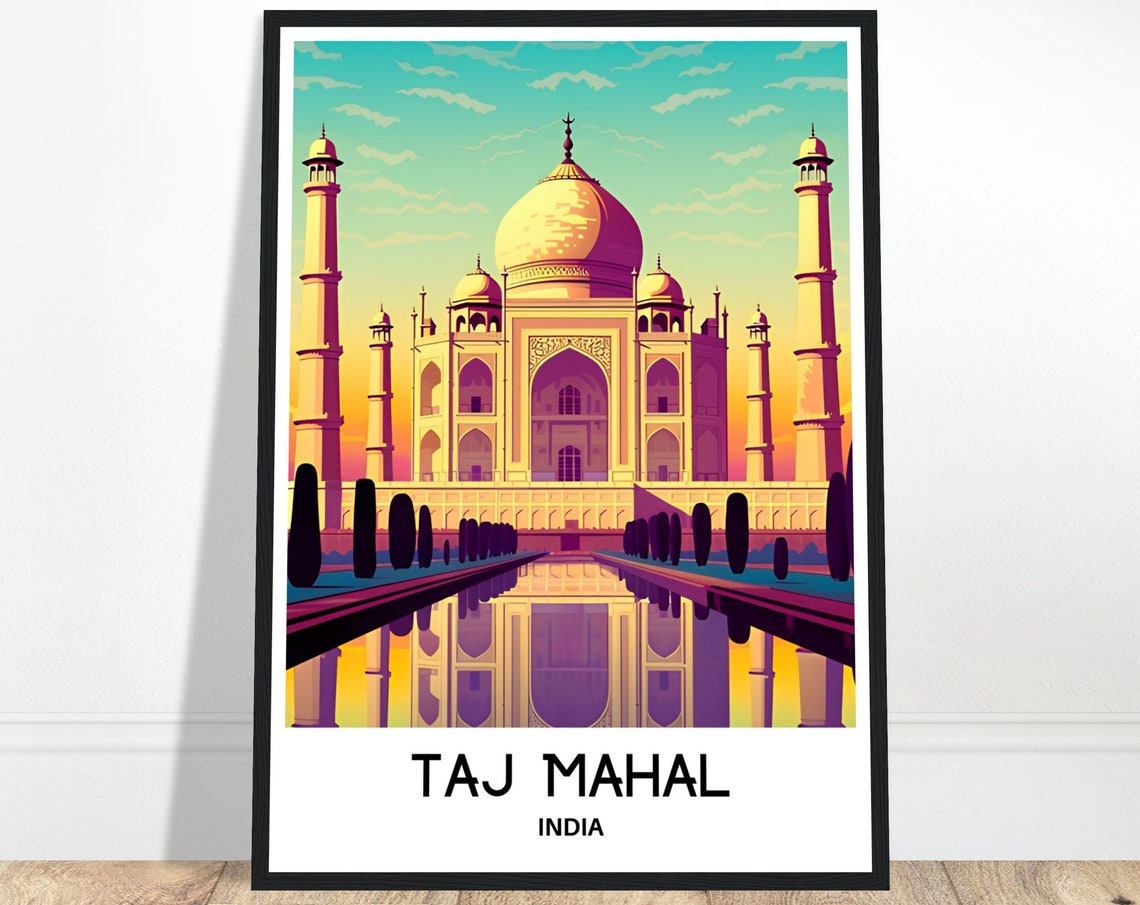 Taj Mahal India Sunrise Reflection Vintage Travel Art Poster