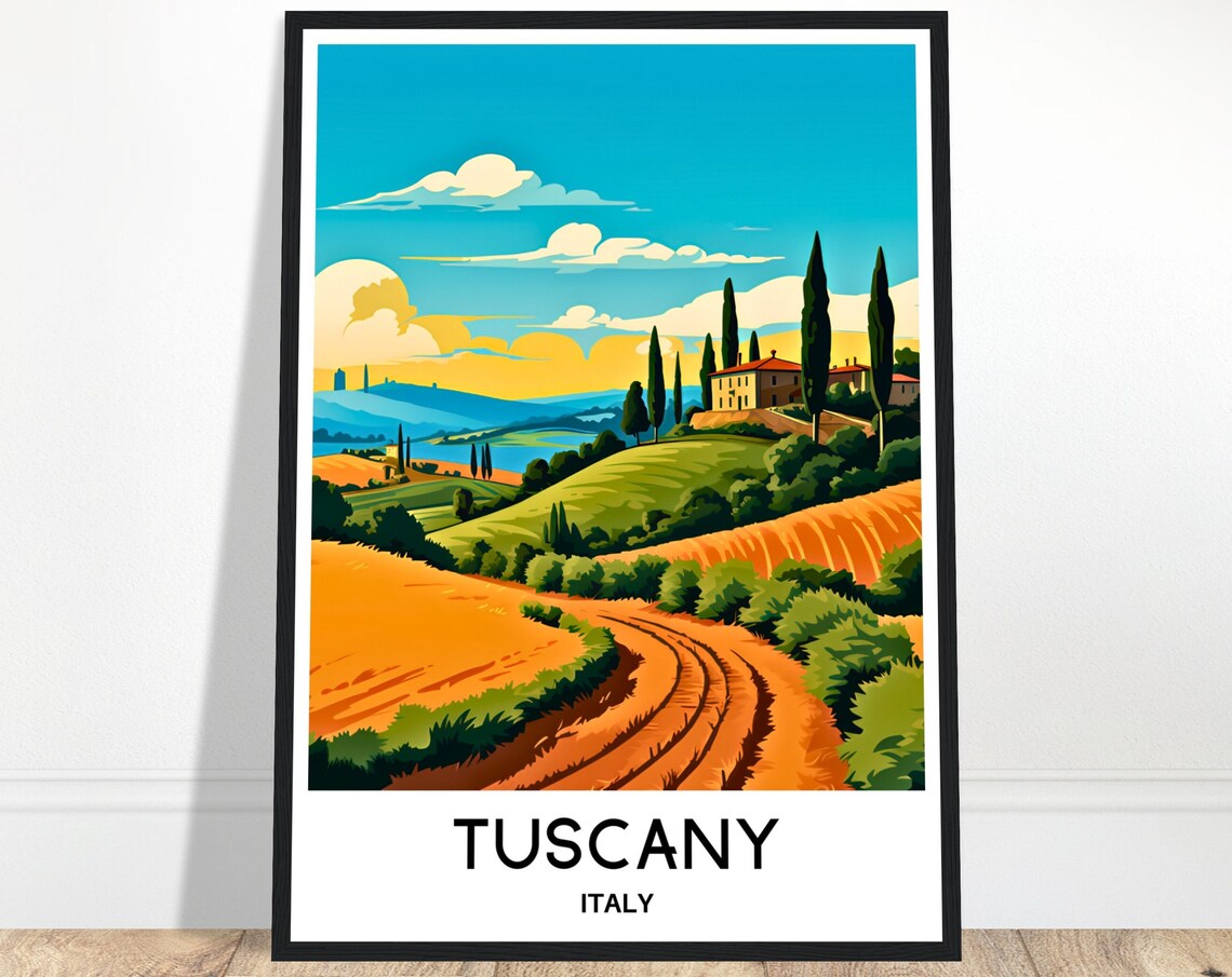Tuscany Italy Golden Wheat Fields Dirt Road Villa Travel Poster