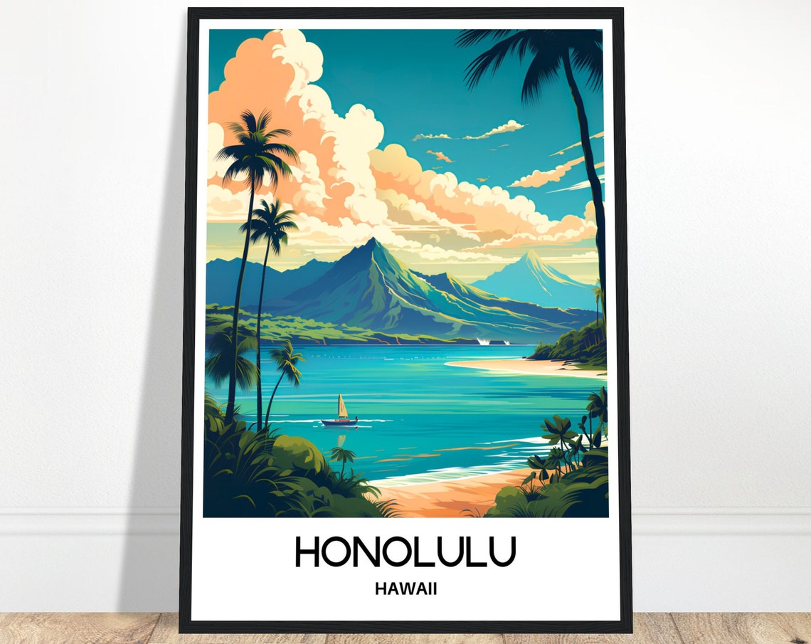Honolulu Hawaii Diamond Head Palm Beach Sunset Travel Poster