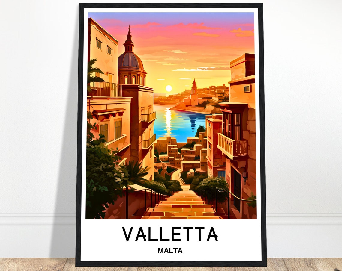 Valletta Malta Sunset Travel Poster Overlooking the Grand Harbour