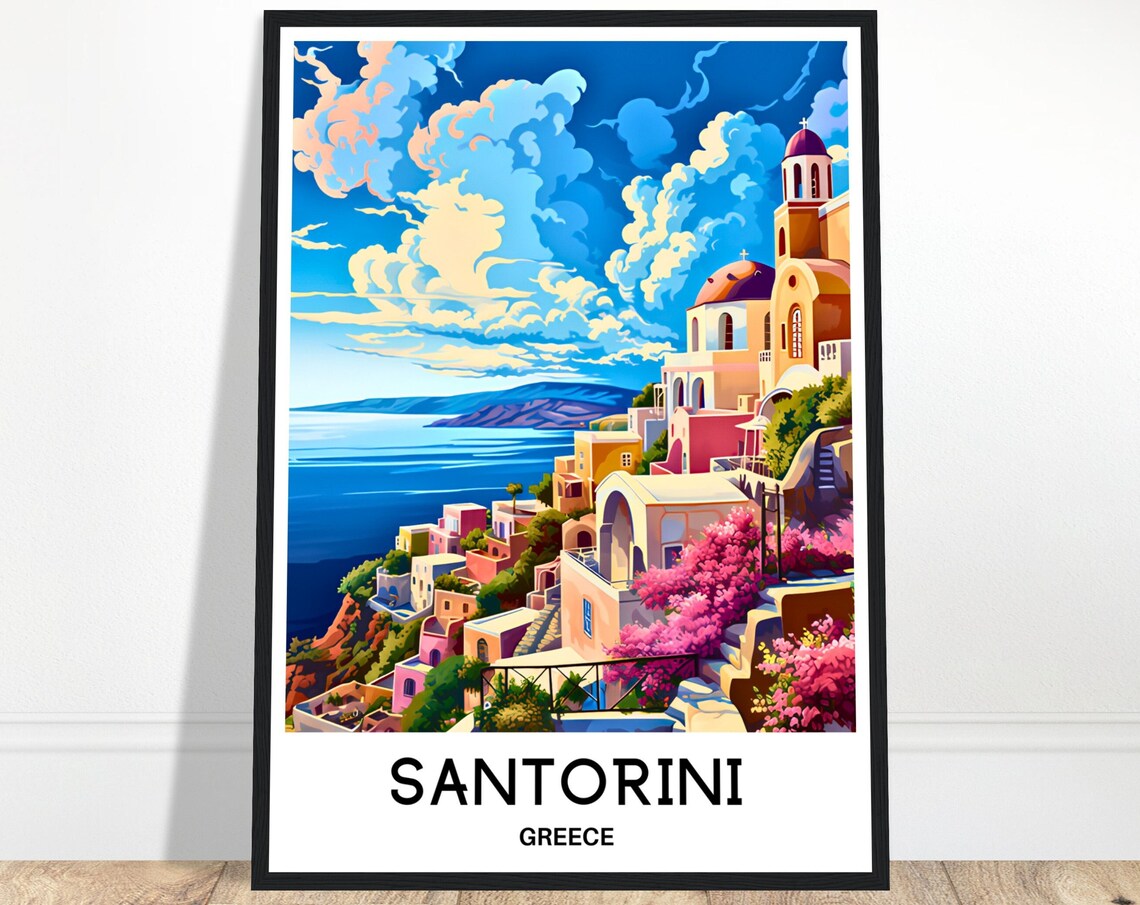 Santorini Greece Pastel Village Bougainvillea Caldera View Poster
