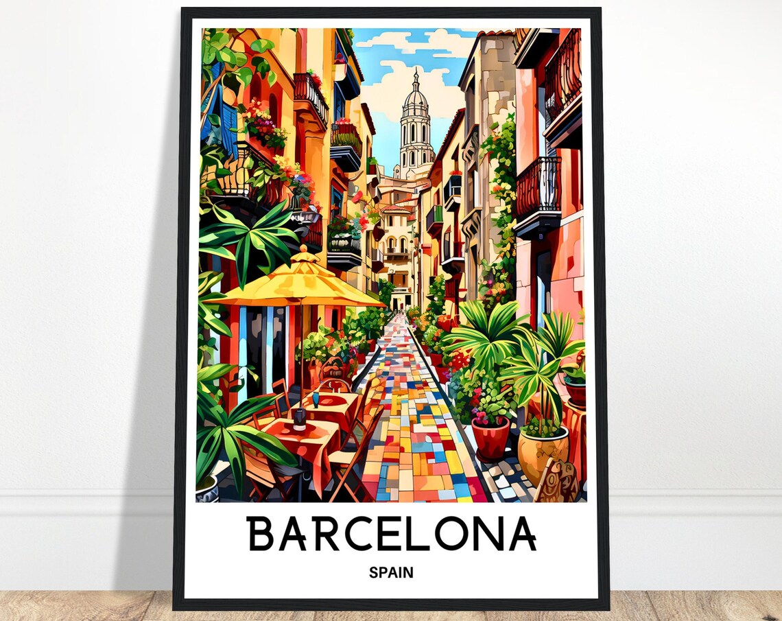 Barcelona Spain Old Town Street Colourful Mosaic Tiles Travel Poster