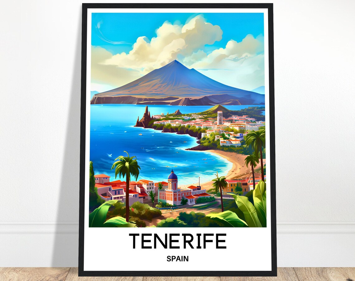Tenerife Spain Mount Teide Volcano Coastal Town Travel Poster