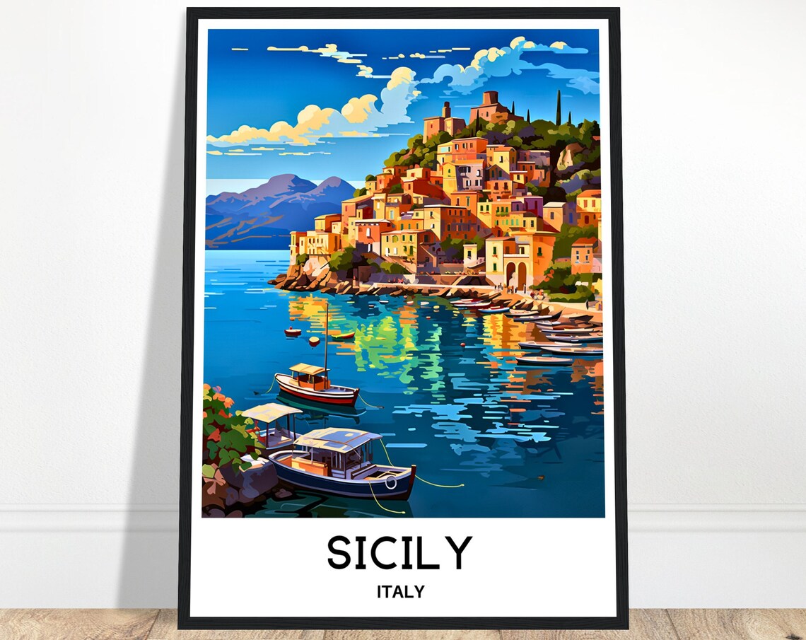 Sicily Italy Colorful Harbor Village Fishing Boats Travel Poster