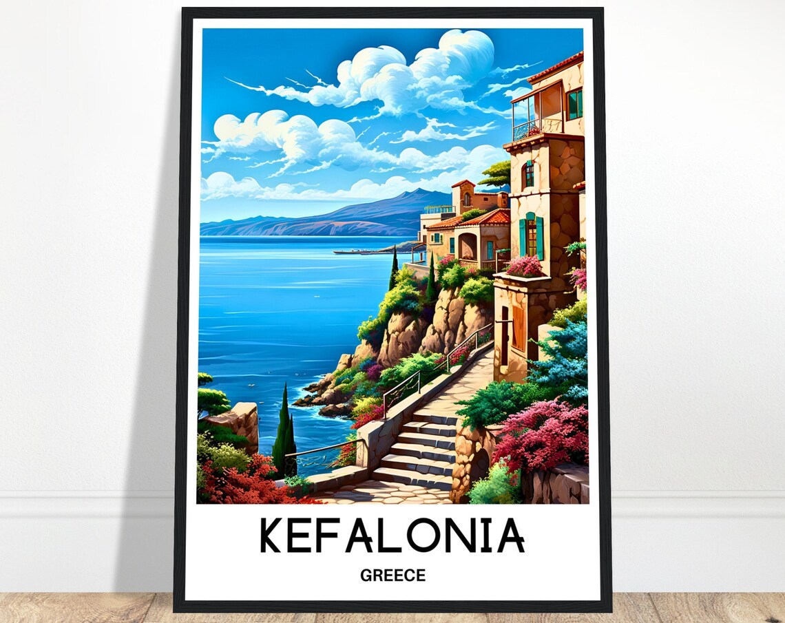 Kefalonia Greece Cliffside Village Steps Over Blue Sea Travel Poster
