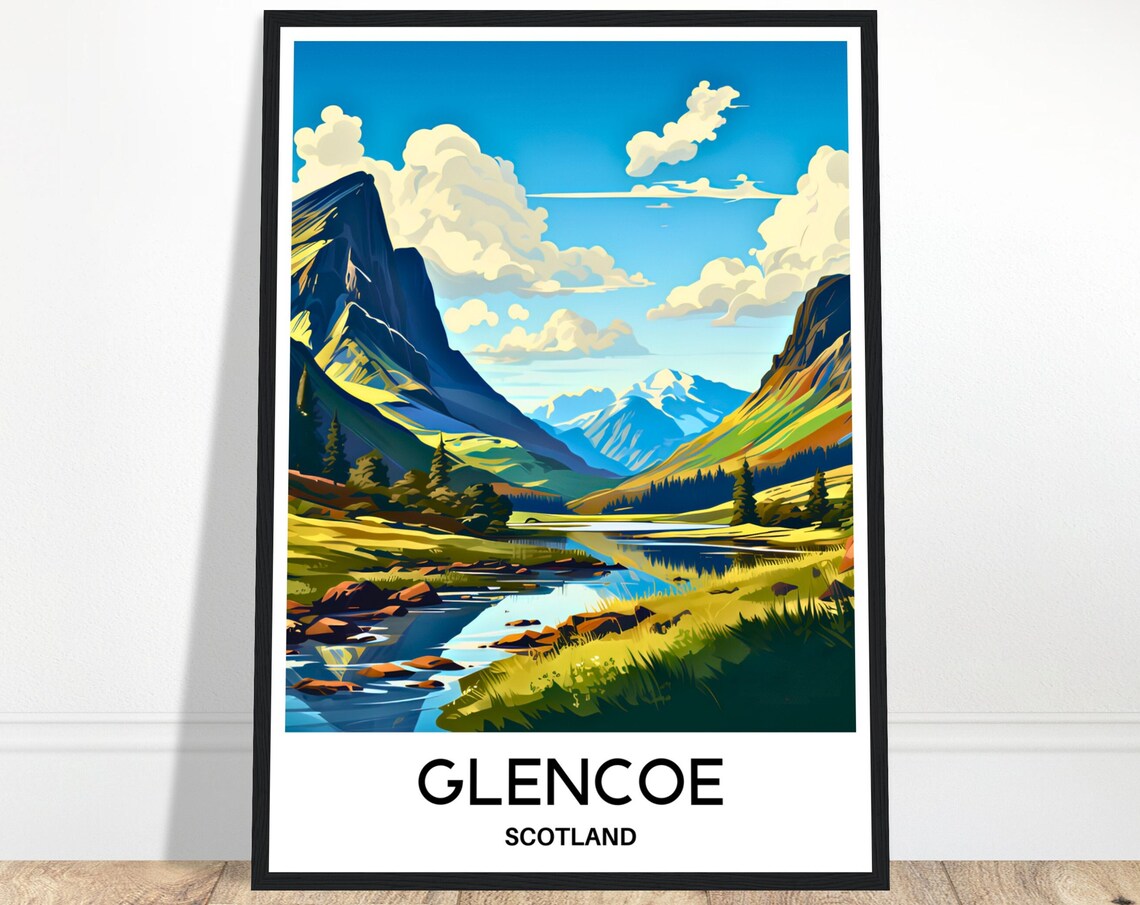 Glencoe Scotland Green Summer Valley Mountain River Travel Poster