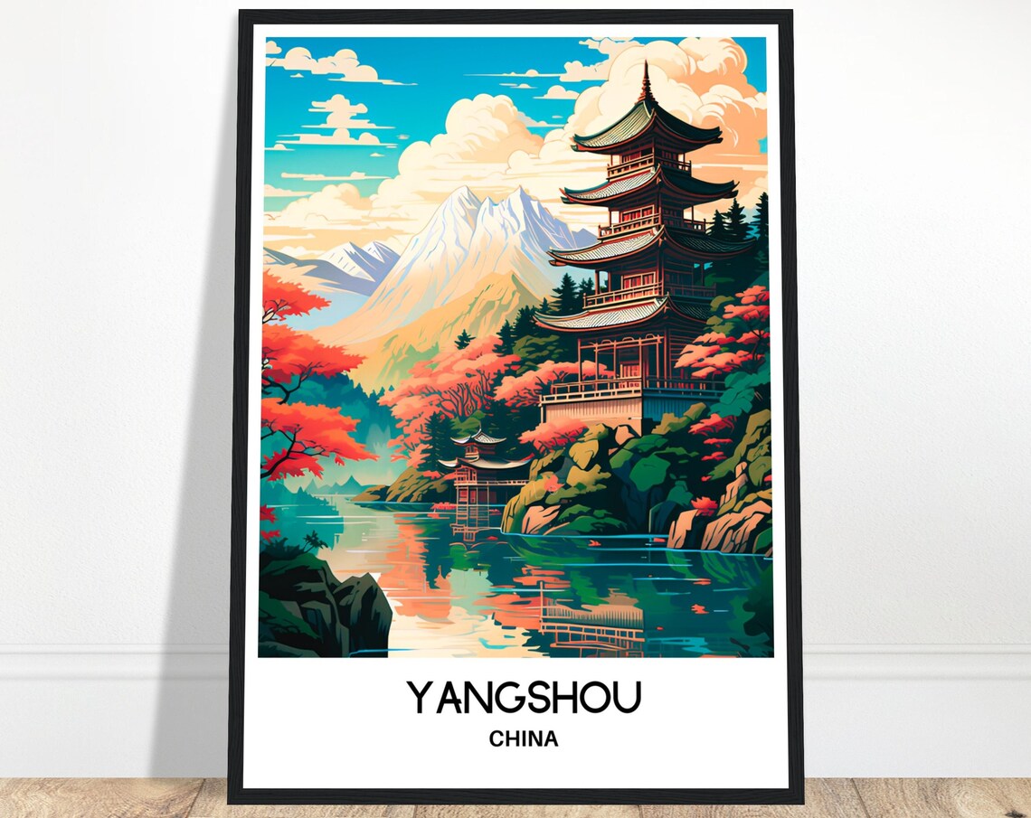 Yangshou China Red Pagoda Lake Autumn Mountains Travel Poster