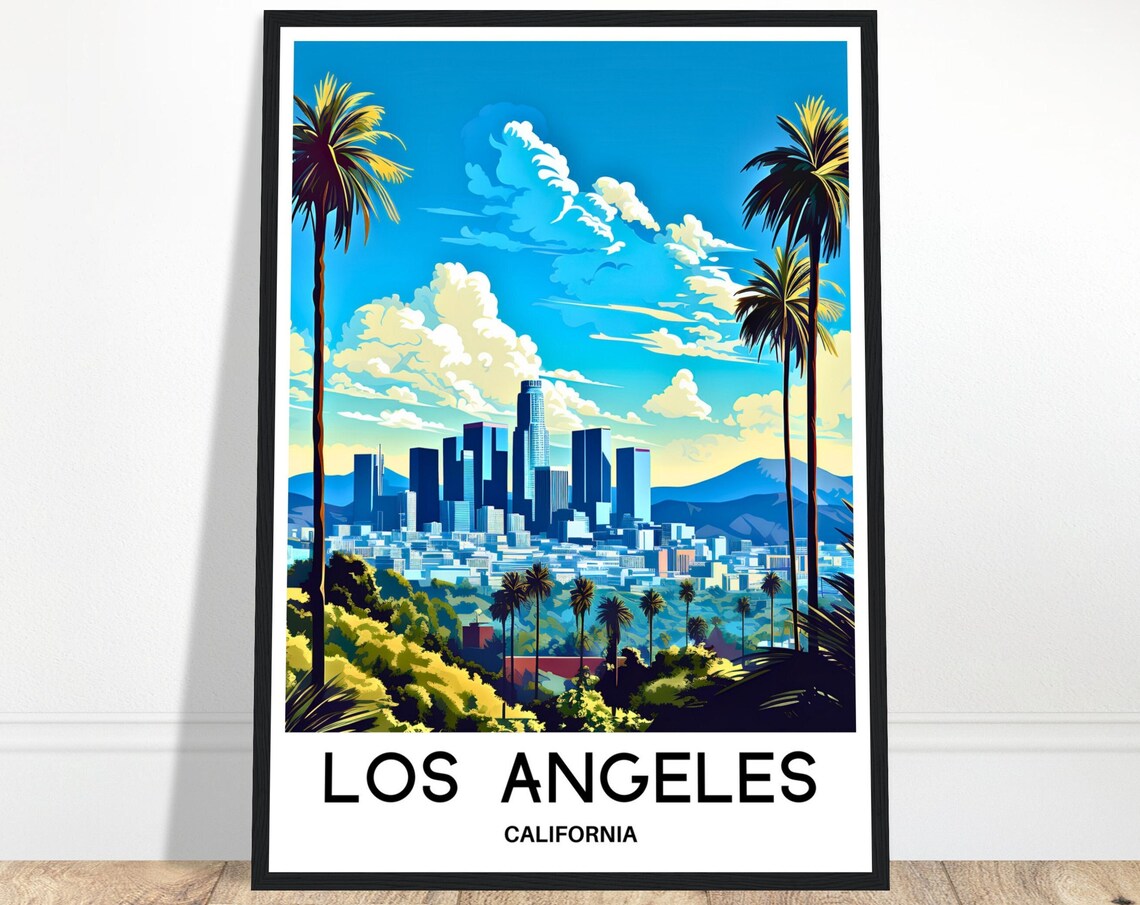 Los Angeles California Downtown Skyline Palm Trees Travel Poster
