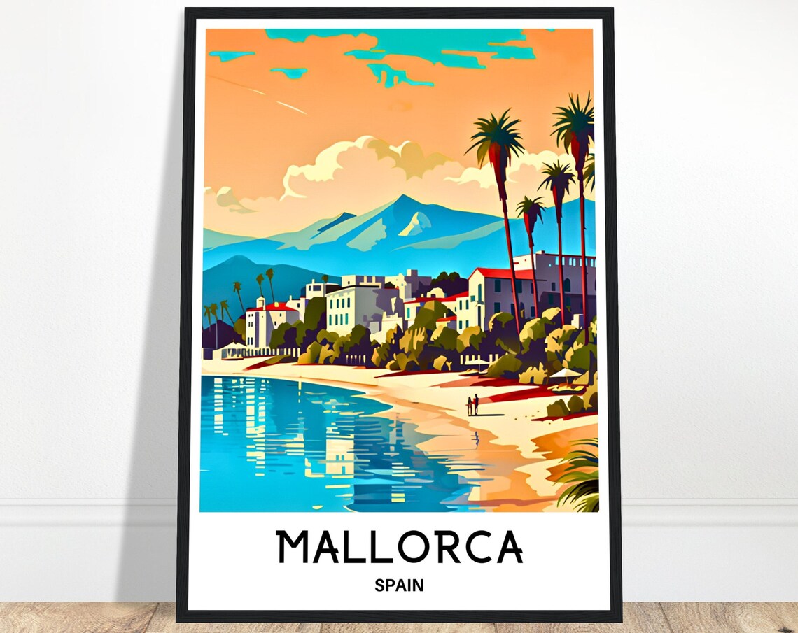 Mallorca Spain Beach with Palm Trees Mountain View Travel Poster
