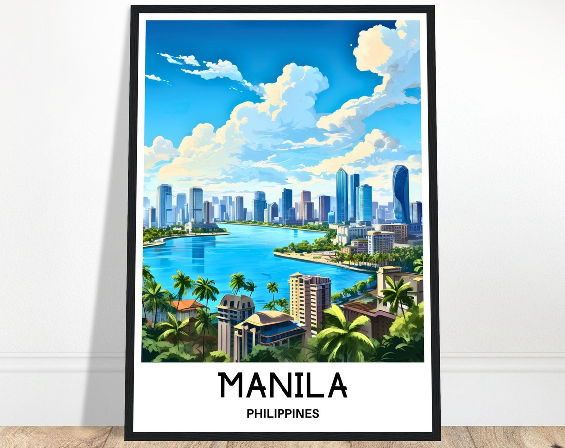Manila Philippines City Skyline Bay Palms Tropical Travel Poster
