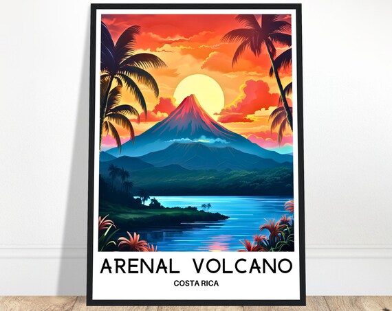 Arenal Volcano Costa Rica Sunset Lake Scene Tropical Art Poster