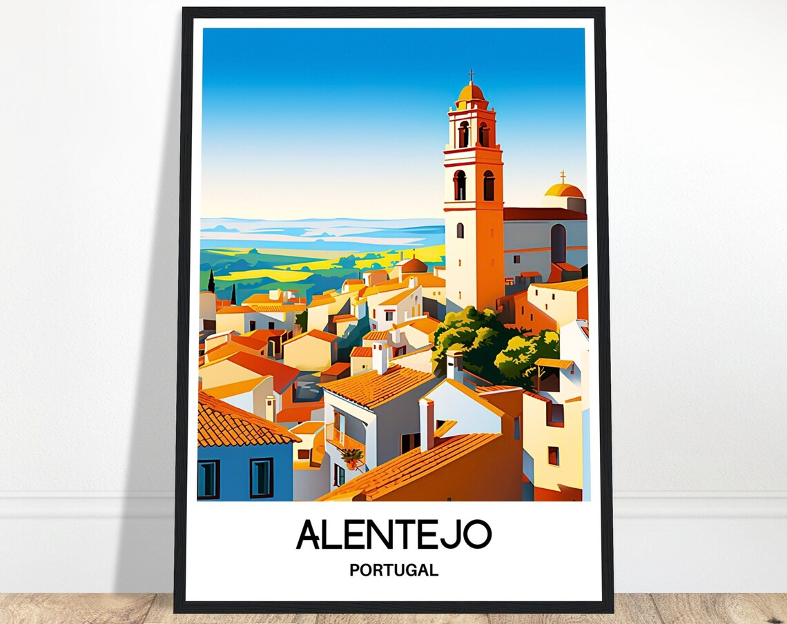 Alentejo Portugal Whitewashed Village Church Tower Sunny Travel Poster