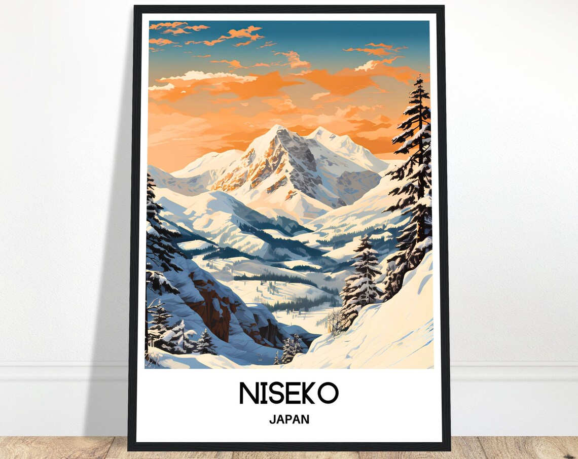 Niseko Japan Snowy Mountain Peaks Pines Sunset Orange Sky Poster