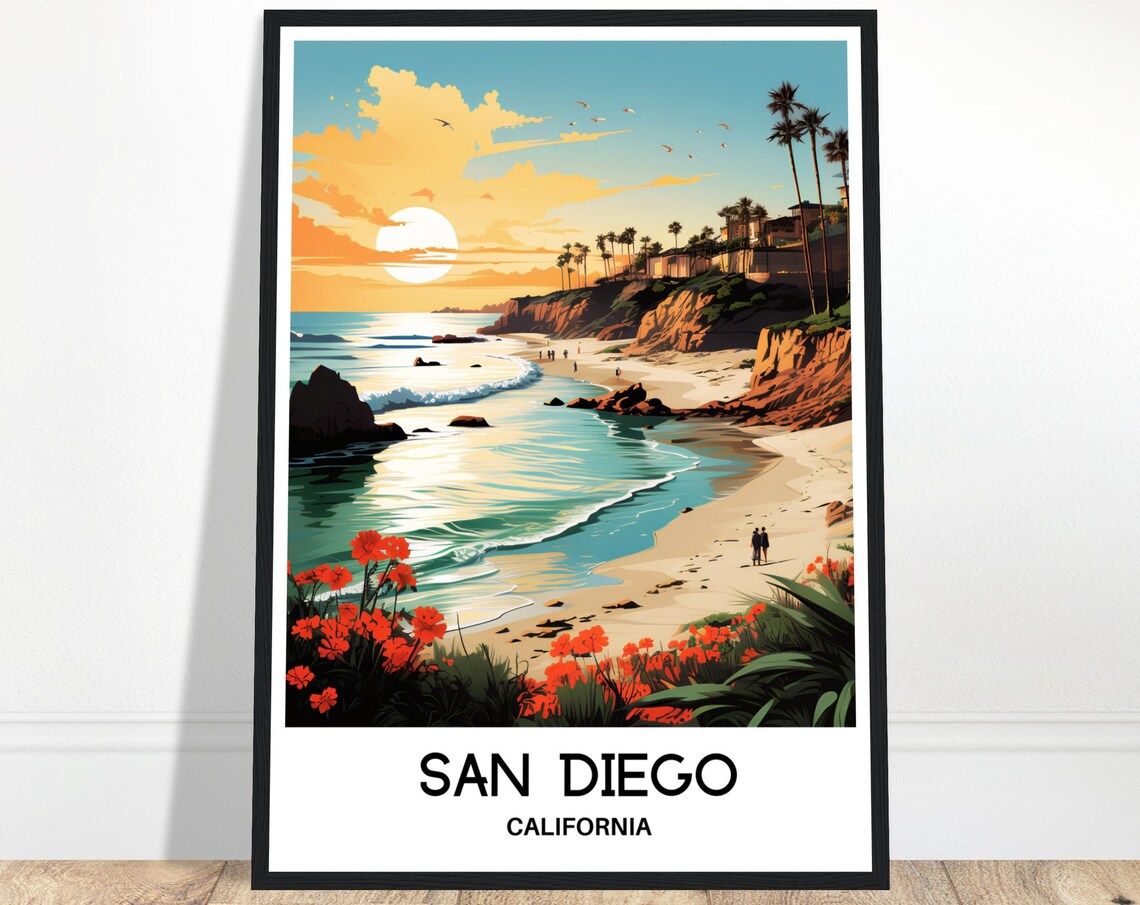 San Diego California Sunset Beach Cliffs Ocean View Travel Poster