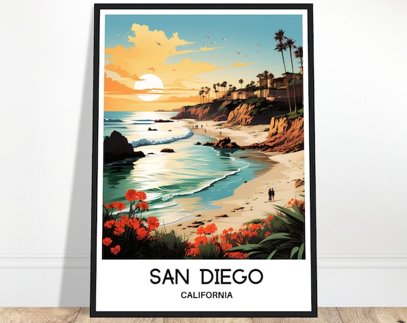 San Diego California Sunset Beach Cliffs Ocean View Travel Poster