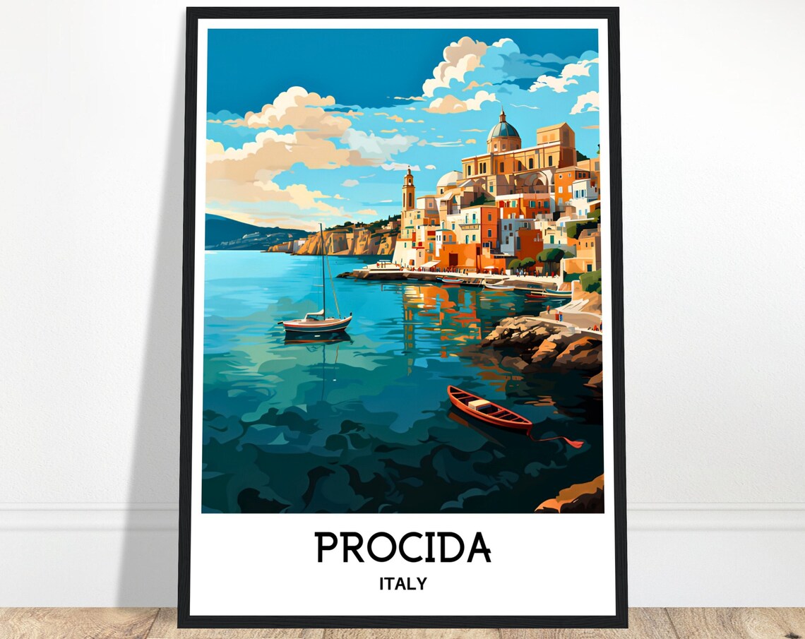 Procida Italy Colorful Harbor Town Church Dome Boats Travel Poster