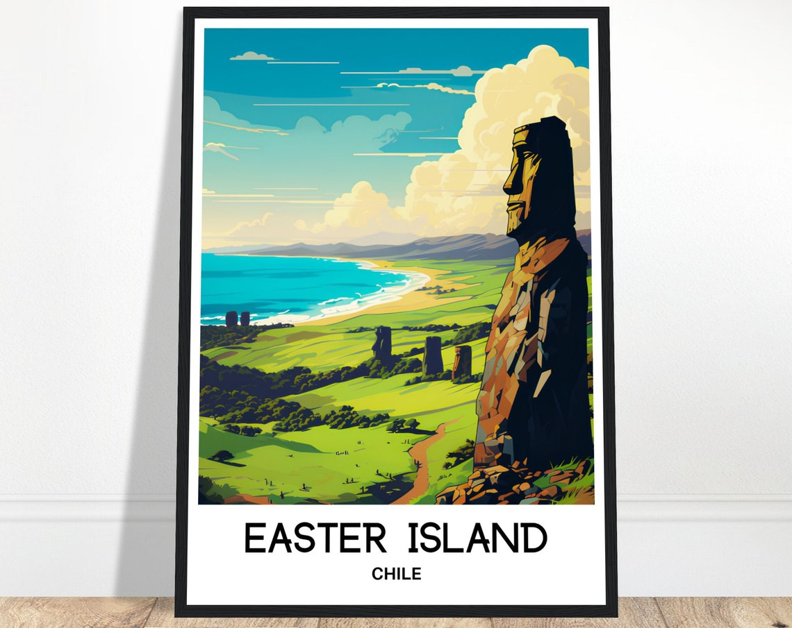 Easter Island Chile Moai Statue Green Coast Overlook Travel Poster