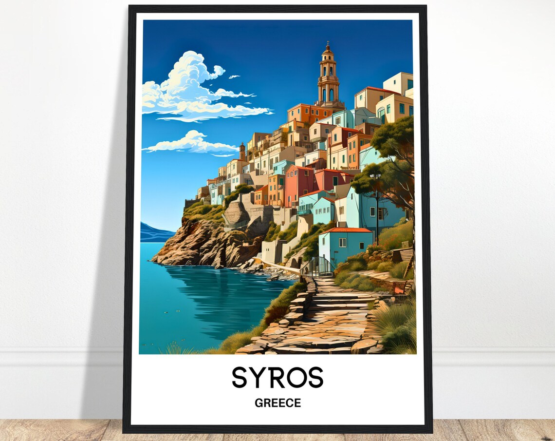 Syros Greece Colorful Hillside Old Town and Bell Tower Travel Poster