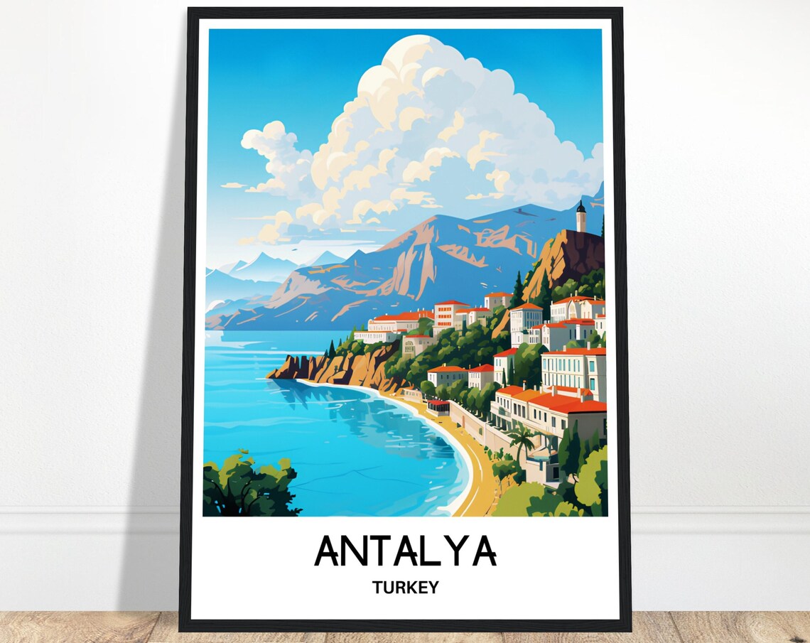 Antalya Turkey Coastal Cliffs and Beach Resort Travel Poster