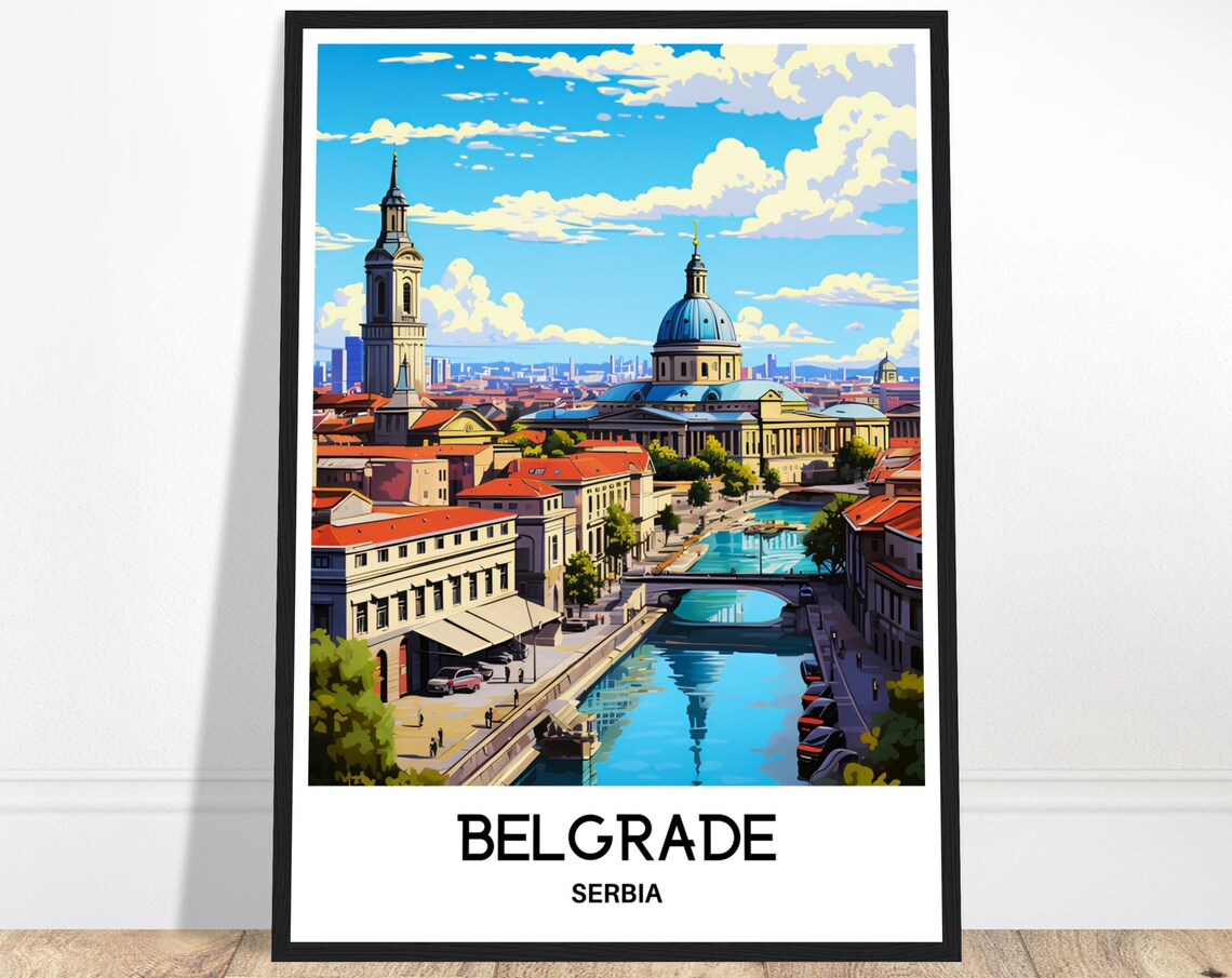 Belgrade Serbia Riverfront Skyline Illustrated City Travel Poster