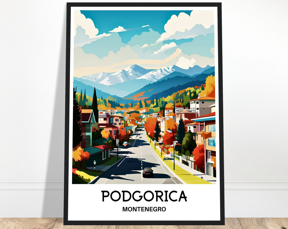 Podgorica Montenegro Autumn City Street with Mountain Views Poster