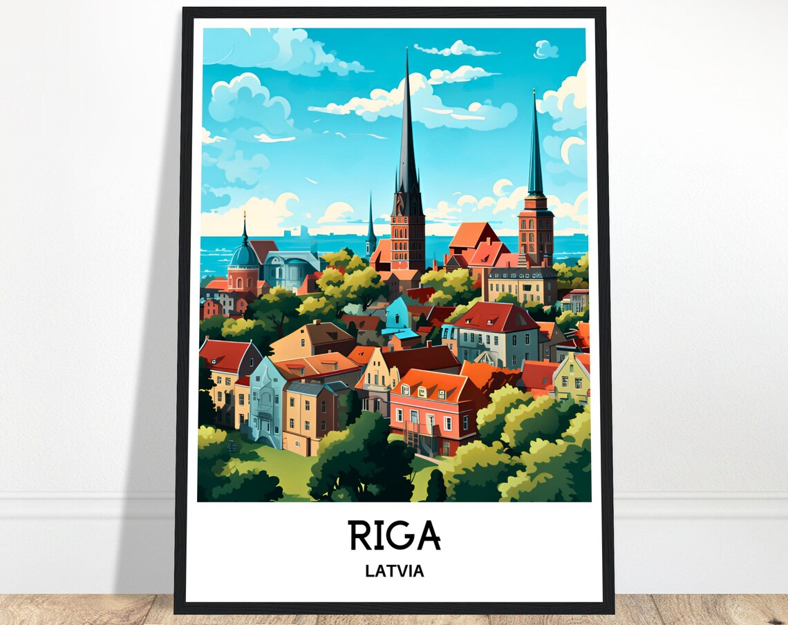 Riga Latvia Old Town Rooftops and Church Spires Travel Poster